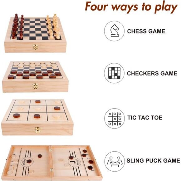 Wooden Fast Sling Puck Set Kids and Adults, Chess, Checkers, Tic Tac Toe Games - Picture 4 of 6